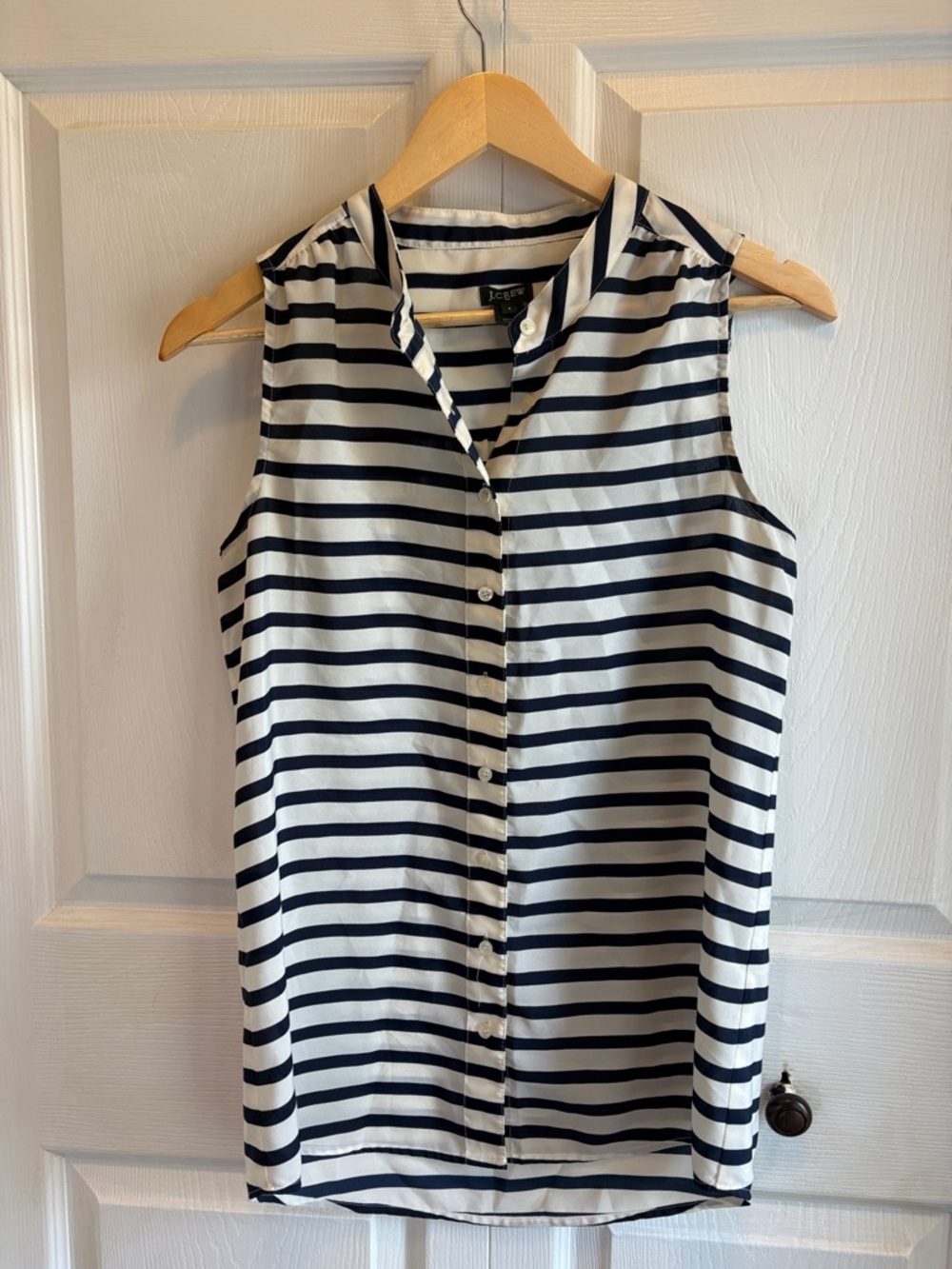 J. Crew Navy and White Sleeveless Striped Button-Front Blouse